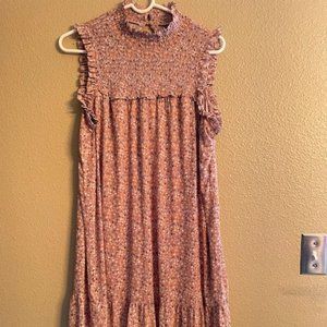 Beautiful High-Neck, Pink Ruched-Top Dress with Ruffle-Size L